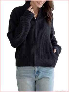 Women's Mock Neck Full Zip Cardigan Sweater Jacket Ribbed Knit Pockets